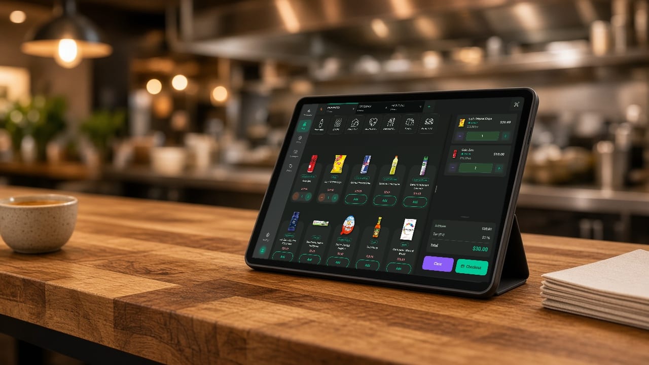 Een Budy-tablet op standaard toont kruidenier productcatalogus met jade checkout-knop op warme houten restaurantbalie met koffiekop en hanglampen.