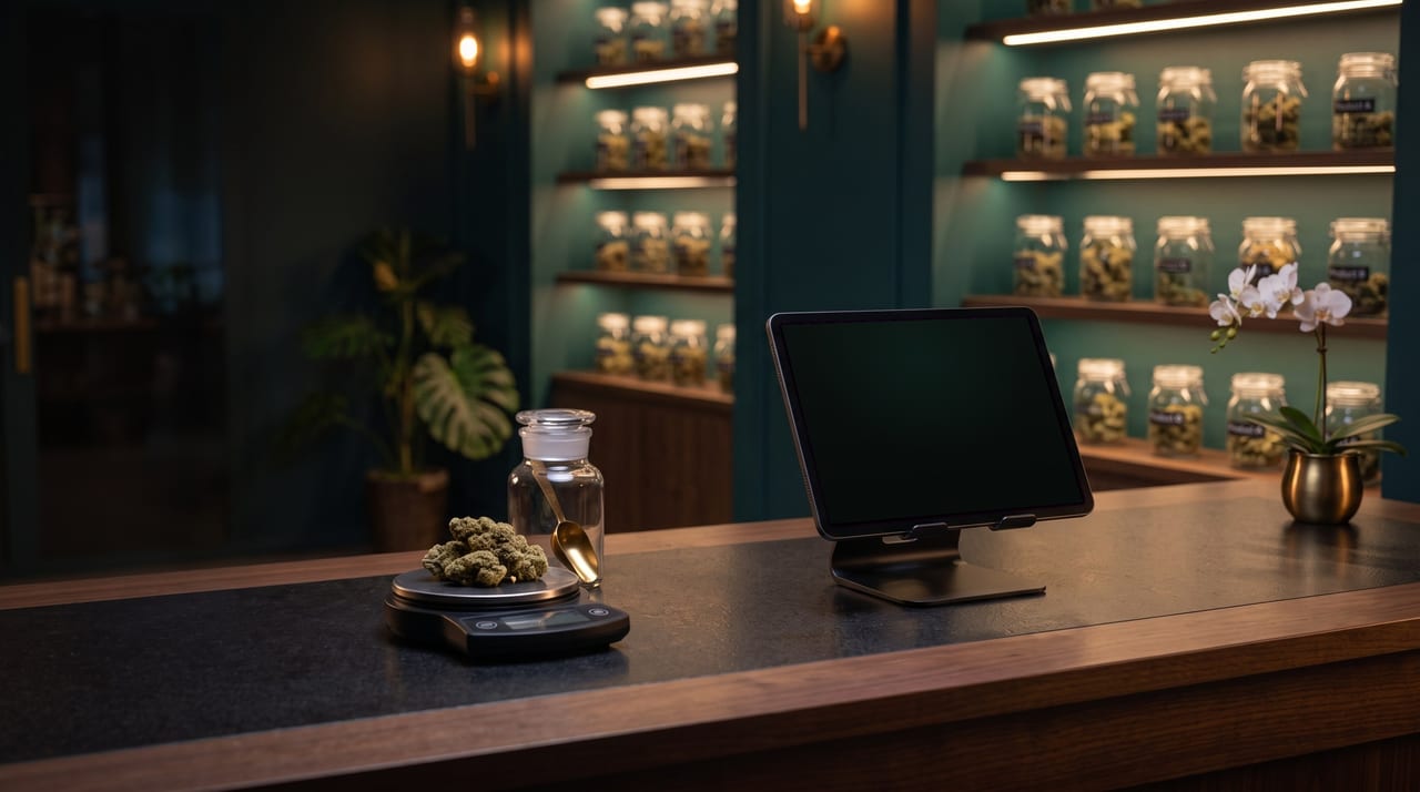 Un comptoir de dispensaire thaïlandais de nuit : une tablette faisant tourner la caisse Budy en thaï à côté d’une balance portant une fleur, des étagères en teck de bocaux étiquetés éclairées derrière.
