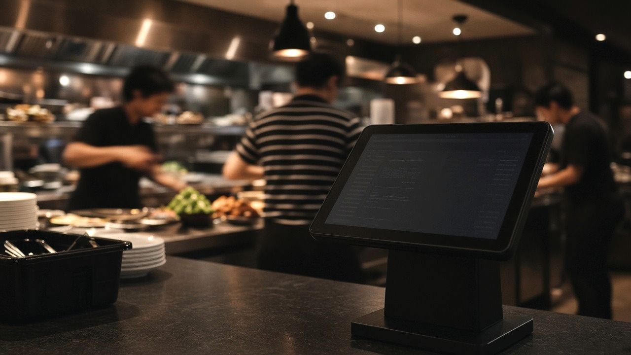 Busy restaurant counter during dinner rush with POS terminal