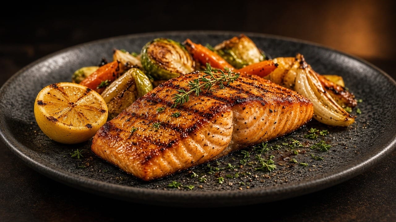 Grilled salmon plate with roasted vegetables