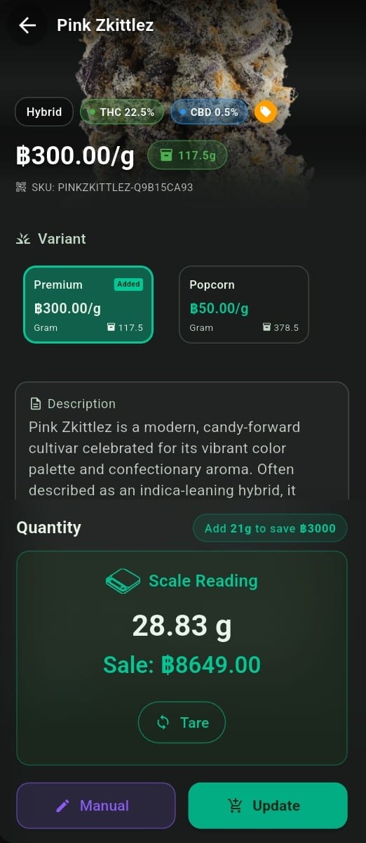 Budy POS running on a phone with the same scale reading, reflowed to portrait