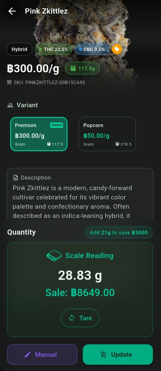 Budy POS running on a phone with the same scale reading, reflowed to portrait