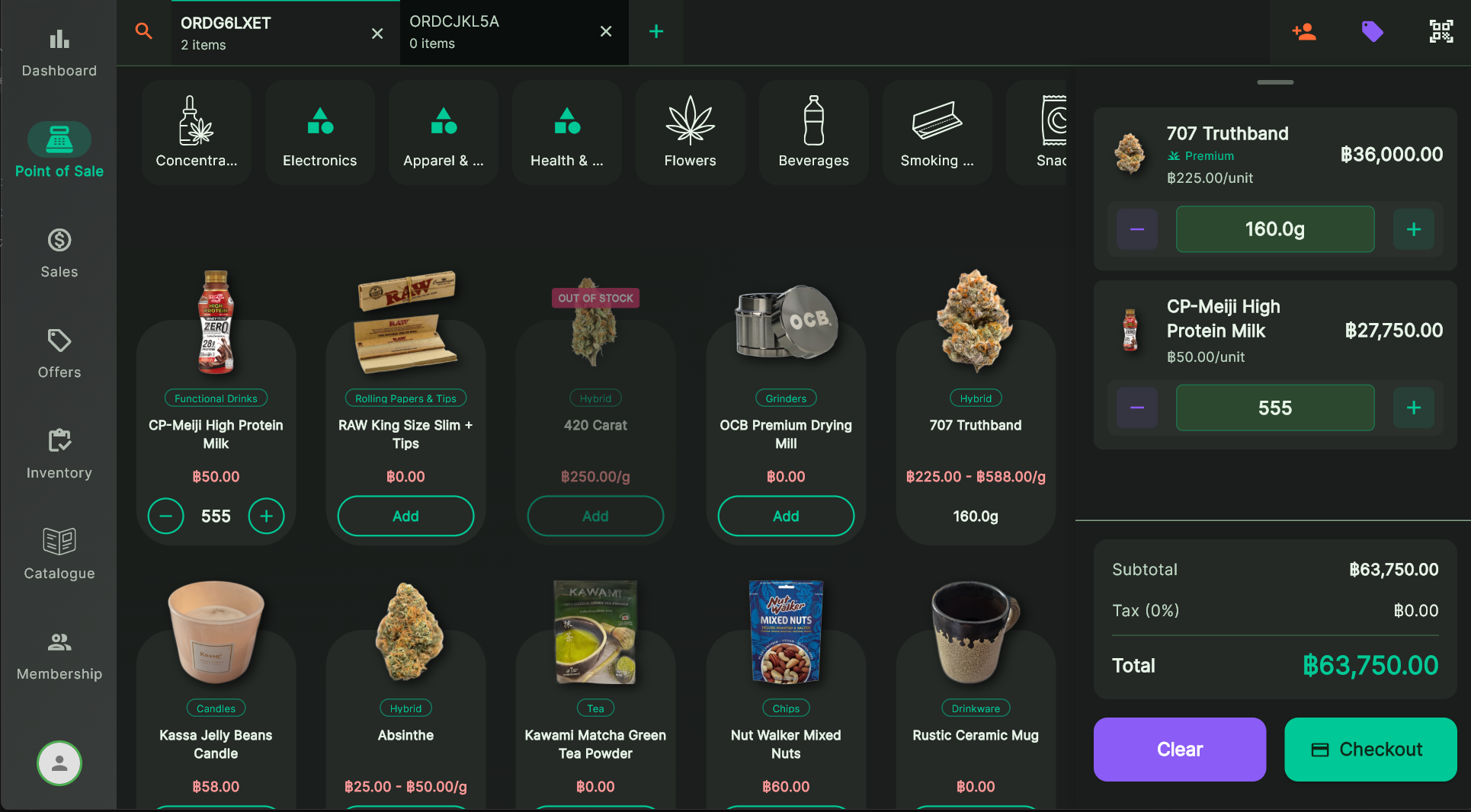 Budy POS terminal screen showing categories, a product grid, and an active cart with jade-green UI accents