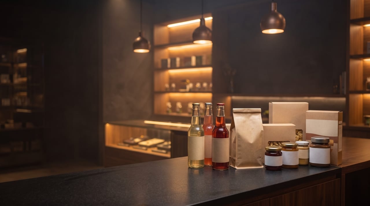 Une main tenant un téléphone au-dessus d’un comptoir de magasin pendant que le Product Recognition Agent de Budy scanne une boisson aux agrumes en bouteille