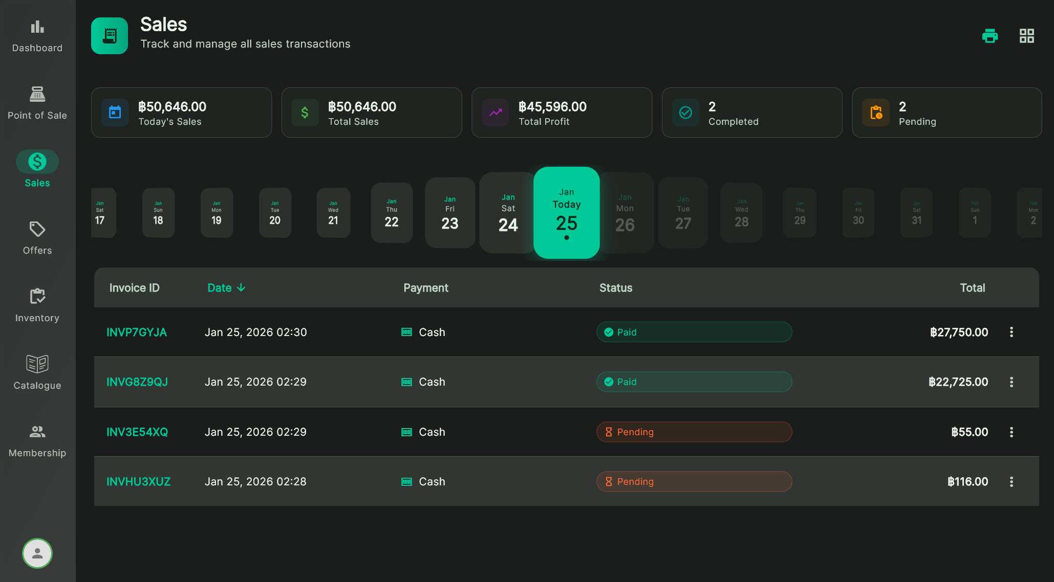 Budy sales management screen on a tablet showing a list of recent transactions with amounts and timestamps in a dark jade-themed interface