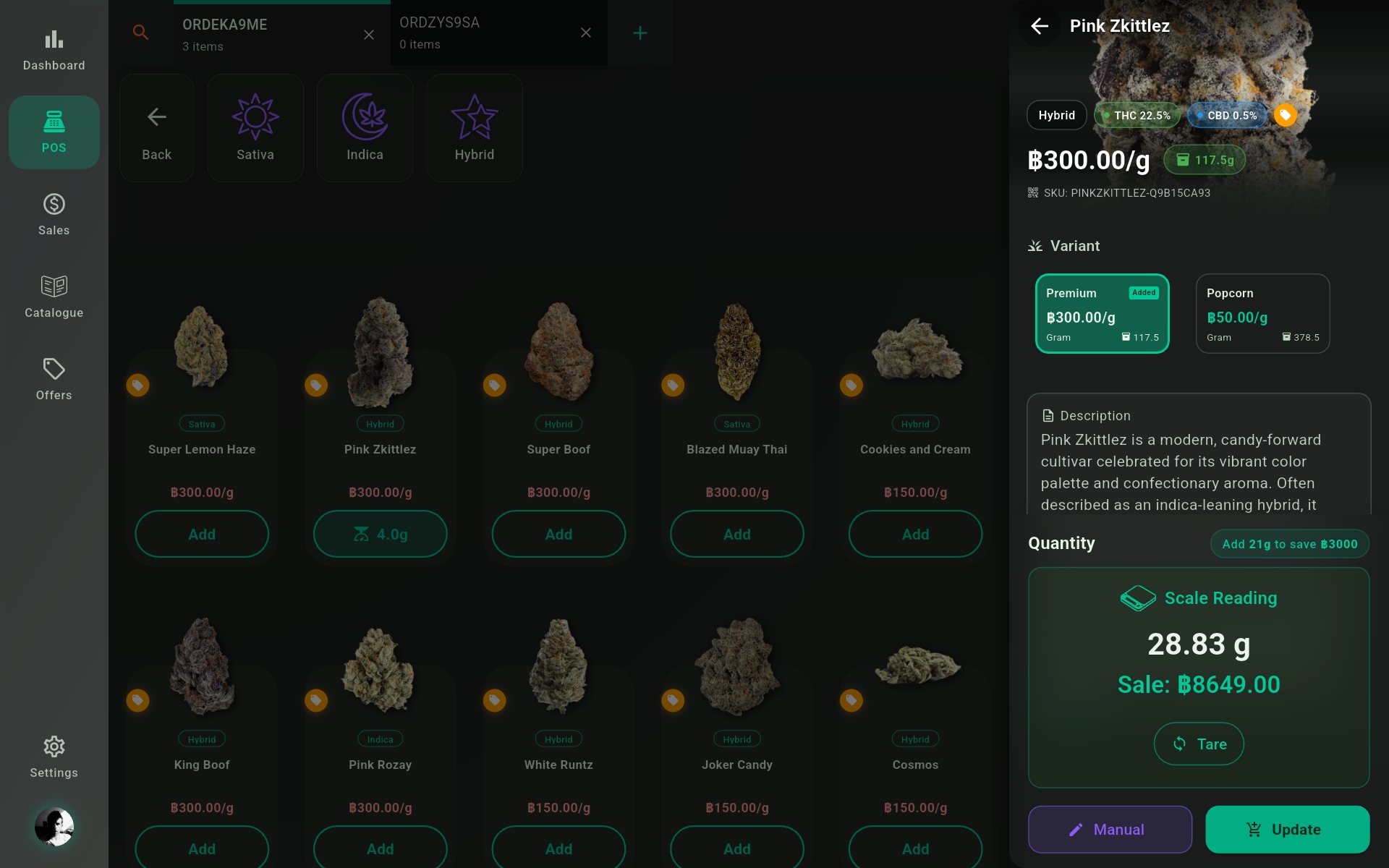 Budy POS running on a tablet with a live scale reading of 28.83 grams