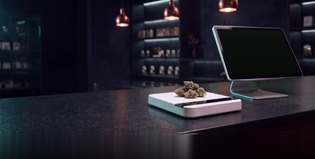 Un comptoir de dispensaire de nuit : des fleurs de cannabis sur une balance Acaia Lunar dont la barre LED affiche le poids en direct, reliée sans fil à un terminal Budy POS affichant les mêmes grammes et le prix de la ligne.