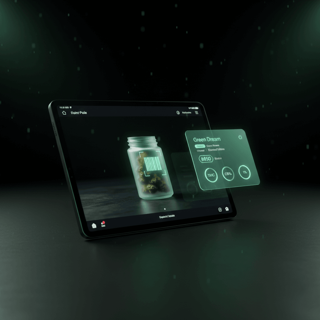 แท็บเล็ต Budy POS กำลังสแกนสินค้ากัญชา พร้อมการ์ดสินค้าที่ AI เติมข้อมูลลอยอยู่ข้างๆ