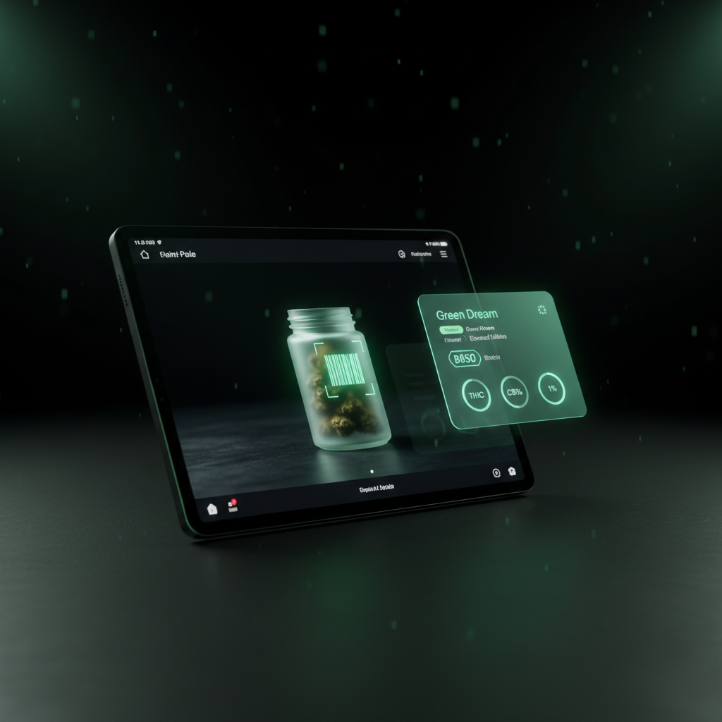 Budy POS tablet scanning a cannabis product with an AI-filled product card appearing beside it