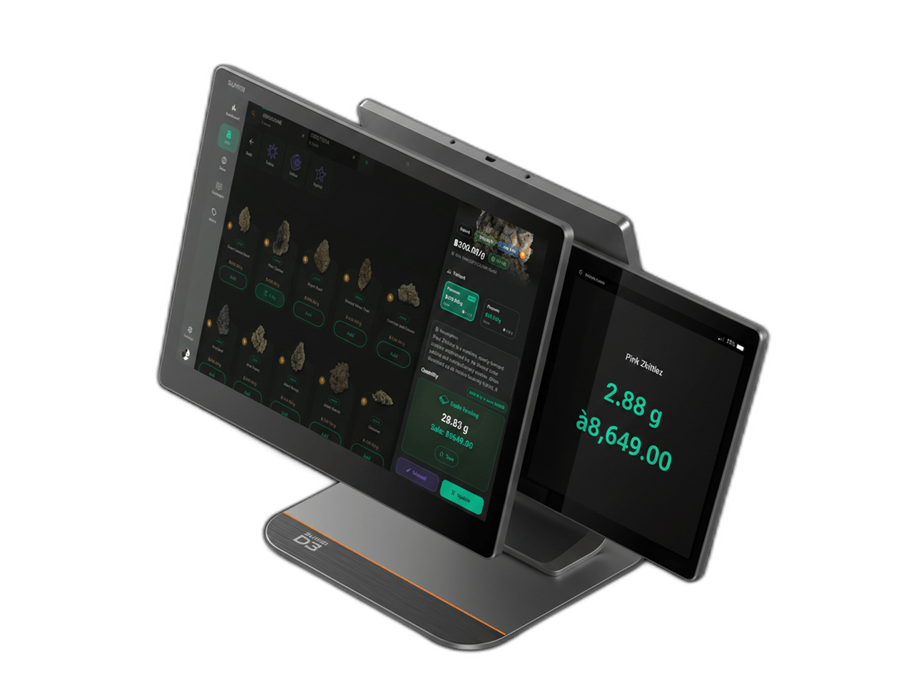 Sunmi D3 dual-screen POS terminal displaying the Budy cannabis scale interface with a live weight reading