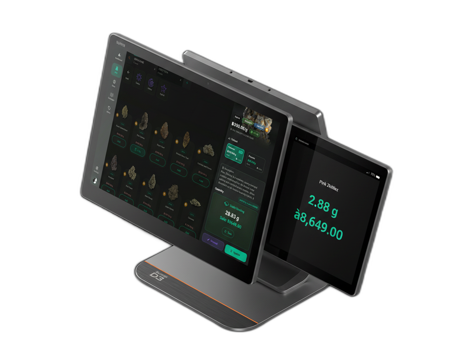 Sunmi D3 dual-screen POS terminal displaying the Budy cannabis scale interface with a live weight reading