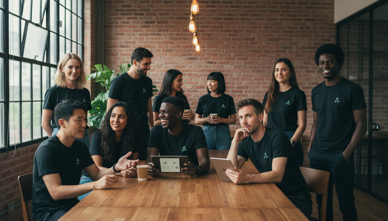 ทีมงาน Budy รวมตัวกันที่โต๊ะในโคเวิร์กกิ้งสเปซอบอุ่น สวมเสื้อยืดที่มีโลโก้ Budy